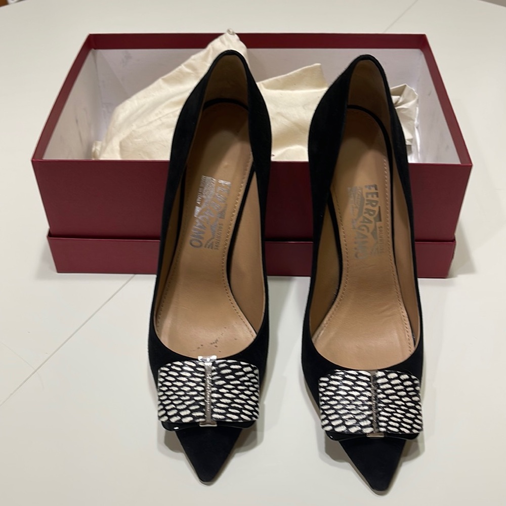 Ferragamo Black Suede Kid Pumps.